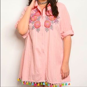 VELZERA: NWT Pink Embroidered & Beaded Roll-Tab Pom-Pom Shift Dress - Size 2X